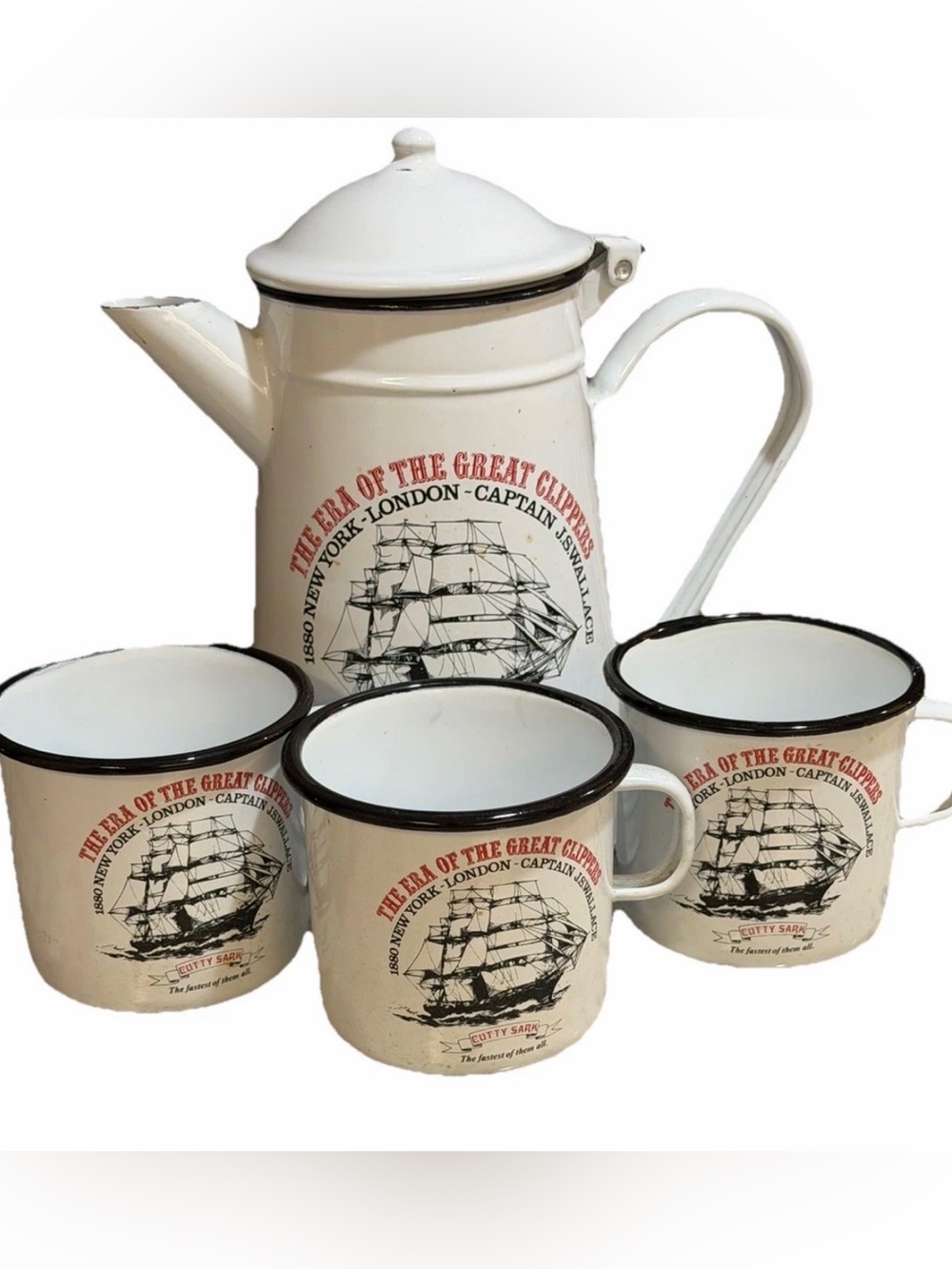 Vtg Cutty Sark White Enamel Coffeepot Plus 3 Matching Ceramic Mugs